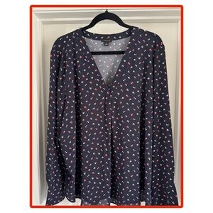 Ann Taylor 🫐 Women’s Plus Size Navy Blue Print Long Sleeve Blouse XXL